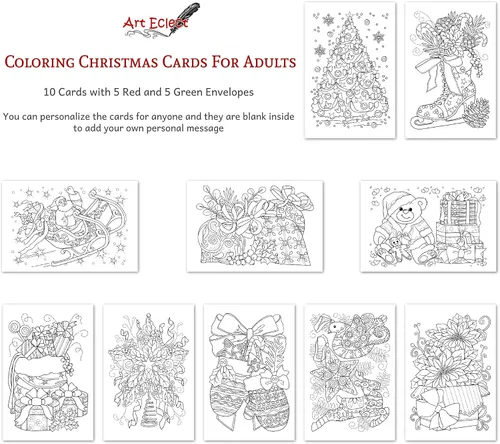 Vista 2 de Tarjetas de Navidad para colorear para adultos y niños Tarjetas de Navidad colorables, interior en blanco para tu mensaje, 10 diseños diferentes