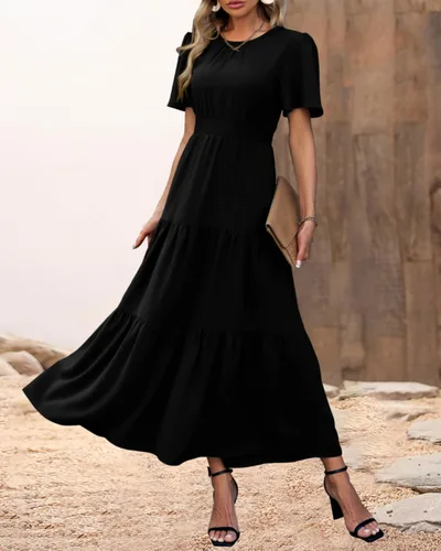 Vista 2 de PRETTYGARDEN - Vestido largo casual de verano para mujer, manga corta, con vuelo, cuello redondo, cintura fruncida, escalonado, bohemio, floral