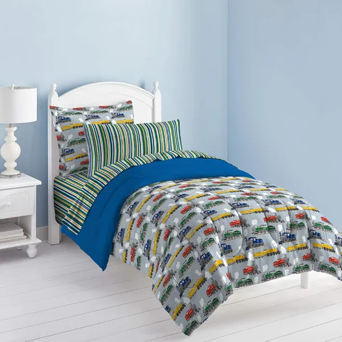 Vista 123 de Dream Factory Dinosaur Blocks - Juego de edredón de microfibra ultrasuave para niños, color azul, tamaño individual Bloques de dinosaurios azules