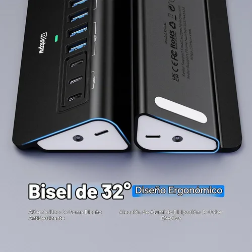 Vista 5 de Hub USB alimentado de 10 Gbps, intpw YH6AC Divisor USB de 9 puertos con USB A/USB C 3.2, 4 USB 3.0, 2 puertos de carga PD de 45 W, adaptador