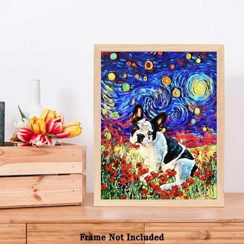 Vista 6 de Bestbuddy Pet 8X10 sin marco noche estrellada bulldog francés blanco negro animales amante familia paz amor pintura al óleo impresión arte impresión