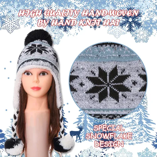 Vista 4 de Gorro invernal Dosoni para mujer, de punto, con orejeras, suave, cálido y acogedor, diseño de copos de nieve