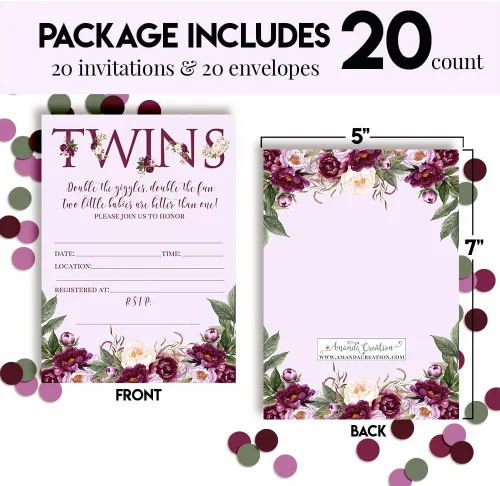 Vista 4 de AmandaCreation - Invitaciones florales de peonía morada para baby shower para gemelos, 20 tarjetas de relleno de 5 x 7 pulgadas con veinte sobres