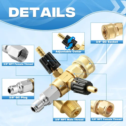 Vista 2 de JOEJET inyector aguas abajo para lavadora a presión, kit de inyección de químicos de doble reborde ajustable con conexión rápida de 3/8 pulgadas