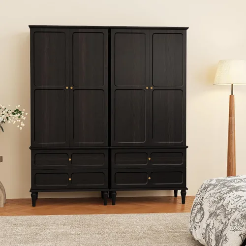 Vista 6 de HLR Armario moderno de mediados de siglo de 71 pulgadas con puertas y cajones, armario de almacenamiento de madera con barra para colgar para Negro