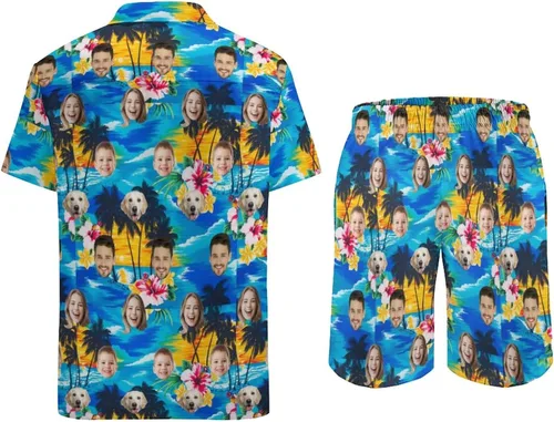 Vista 4 de Conjunto de camisa hawaiana personalizada para hombre, camisa de manga corta con botones y pantalones cortos, conjuntos casuales de vacaciones