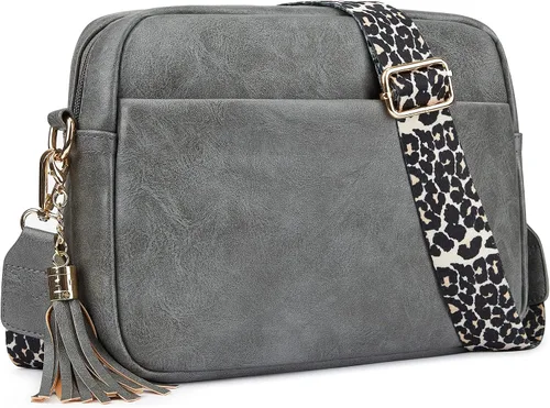 Vista 7 de Bolso cruzado de cuero para mujer con cremallera y hombro para cámara Beige