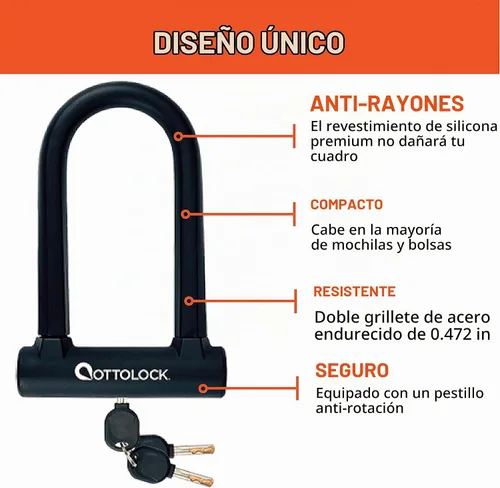 Vista 4 de OTTOLOCK Sidekick Compact U-Lock Candado de bicicleta ligero recubierto de silicona (negro)