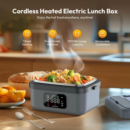 Vista 2 de Fiambrera eléctrica inalámbrica para adultos, hombres y mujeres, calentador de alimentos recargable con batería con contenedor de 1 litro, cuchara