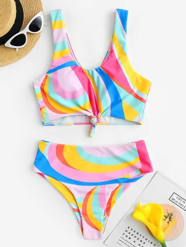 Vista 4 de ZAFUL - Traje de baño estilo bikini de dos piezas con cuello redondo y tiro alto para mujer