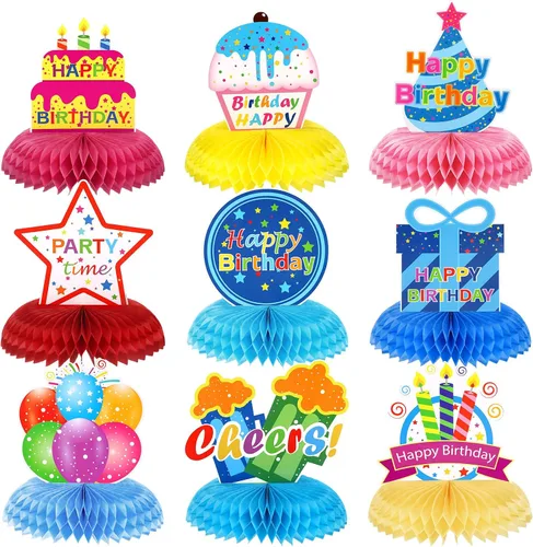 Vista 10 de Yexiya 9 Pieces Happy Birthday Table Centerpieces Black Gold Honeycomb Negro dorado