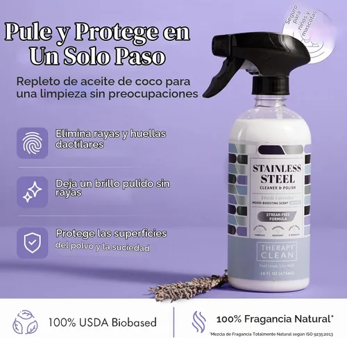 Vista 3 de Limpiador y abrillantador de acero inoxidable Therapy con gamuza de microfibra grande, 16 fl. oz. 100% USDA Biobased. Removes fingerprints &