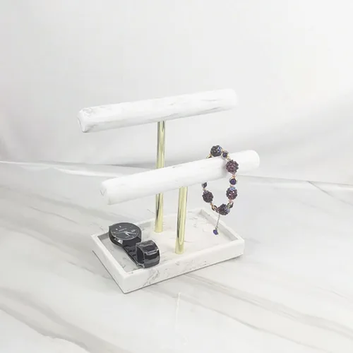 Vista 2 de Soporte para pulsera de 2 niveles, exhibición de joyas, soporte de joyería marmolado, organizador de barra en T, soporte de reloj para organización