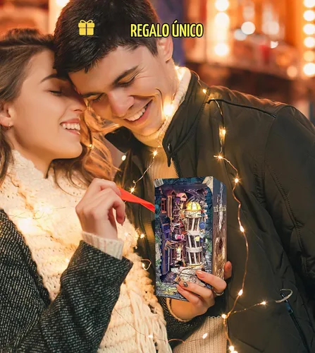 Vista 8 de Spilay - Kit de rincón de libro para adultos, Magic Night Lane DIY Kit de casa en miniatura With Warm LED Light, DIY Wooden Craft for Bookshelf
