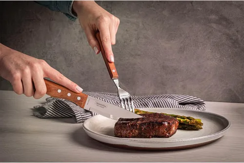 Vista 6 de Tramontina Juego de 4 cuchillos para carne jumbo de 5 pulgadas, cuchillo afilado con mango de madera, camping, cocina, rústico, 22399079