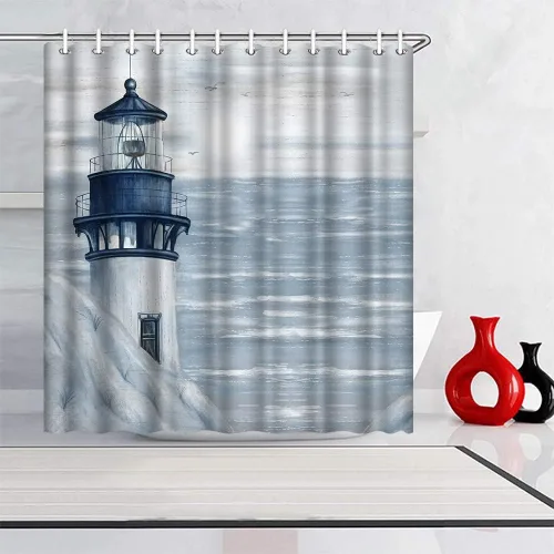 Vista 2 de Cortina de ducha con diseño de faro, decoración de baño, 72 x 72 pulgadas, diseño náutico de paisaje marino, tela de poliéster, con ganchos CRT355