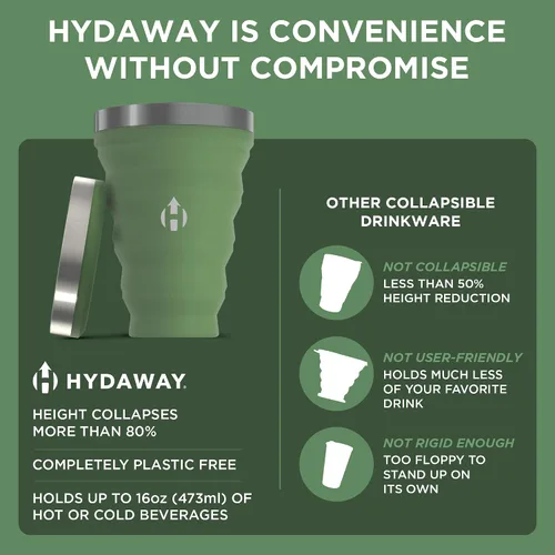 Vista 10 de HYDAWAY Pinta Plegable de 16 oz - Taza de Silicona Libre de BPA con Borde de Acero Inoxidable - Reutilizable, Empacable y Duradera para Acampar, Fern