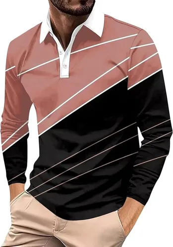 Vista 20 de Camisa polo para hombre, manga larga, cuello abotonado, bloque de color, moda para trabajo y golf