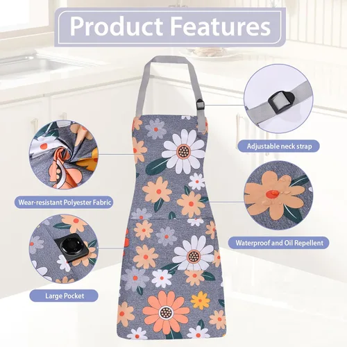 Vista 4 de 3 Pack Floral Apron for Women with Pockets, Adjustable Aprons for Women for Kitchen Cooking