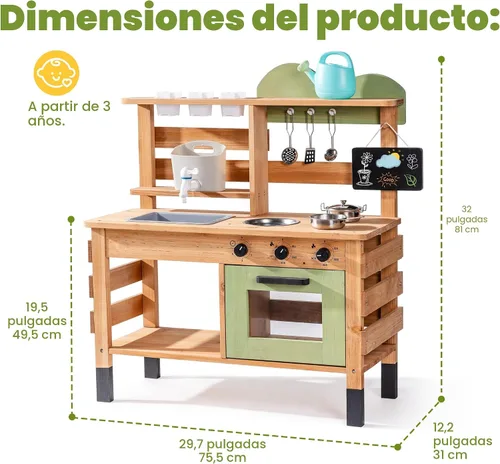 Vista 2 de ROBUD Cocina de barro para niños al aire libre, cocina de barro de madera para niños con fregadero extraíble, taza de plantación, horno, pizarra