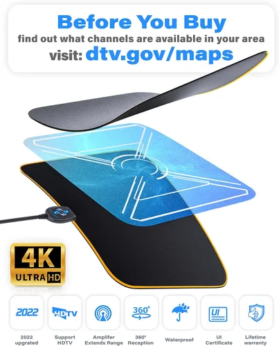 Vista 2 de DEBES TENER Antena de TV digital HD amplificada de largo alcance de 180 millas - Compatible con 4K 1080p Fire TV Stick y todos los televisores más