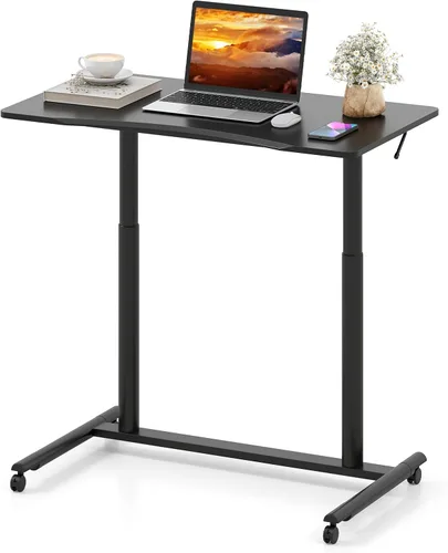 Vista 10 de Tangkula Escritorio móvil de pie, escritorio de pie en forma de C con altura ajustable, ruedas bloqueables y marco de metal, escritorio rodante