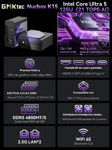 Vista 3 de GMKtec K15 AI Mini PC Intel Core Ultra 5 125U 16GB DDR5 Max 4.3GHz 1TB SSD