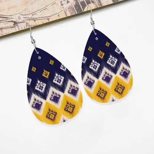 Vista 5 de Aretes de lágrima de cuero azul y amarillo para mujer, coloridos aretes colgantes ligeros de doble impresión para mujeres y niñas, joyería de moda