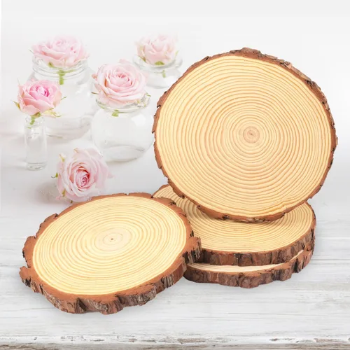 Vista 4 de 4 piezas de rodajas de madera natural de 10-12 pulgadas, círculos de madera de pino sin terminar con corteza para posavasos, manualidades DIY