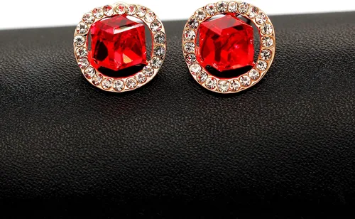 Vista 5 de Uloveido Juego de collar y pendientes de tuerca chapados en oro rosa para mujer, diseño de cubo cuadrado y cristal para boda, fiesta, joyería