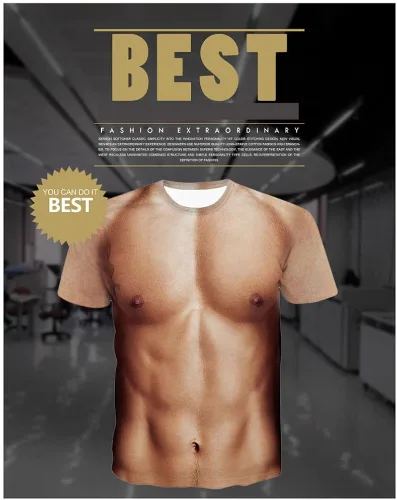 Vista 2 de Camiseta 3D Fashion Naked Muscle estampada para hombre, divertida broma, cuello redondo, figura musculosa elástica