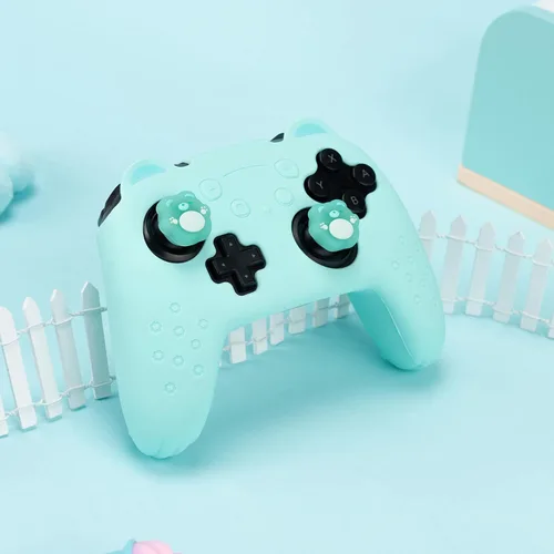 Vista 7 de GeekShare Funda protectora de silicona antideslizante para Nintendo Switch Pro Controller con 2 tapas de agarre para pulgar y 1 pegatina, color cian