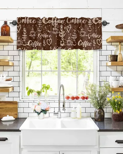 Vista 8 de Cortina de cenefas para cocina, cafetería, estilo retro e informal, con cenefa de ventana de graffiti, 1 panel de cortinas cortas de 42 x 12