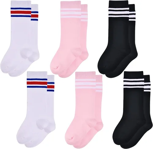 Vista 2 de LO SHOKIM Calcetines hasta la rodilla para niños pequeños calcetines de fútbol para niñas tres rayas sobre la pantorrilla uniforme escolar