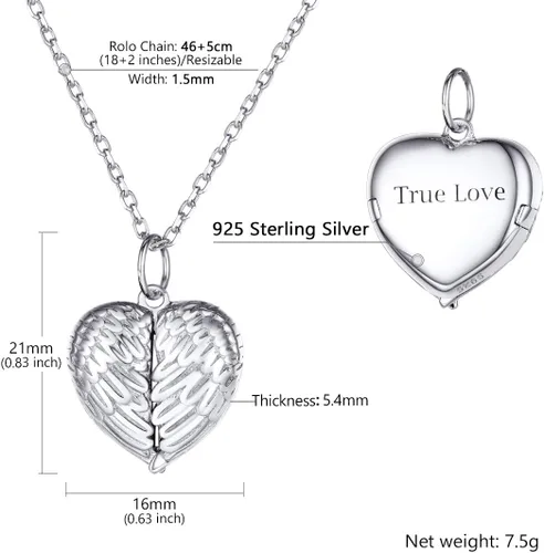 Vista 5 de SILVERCUTE Personalized & Engraved Locket Necklace with 18" Chain -Angel Wings Locket, Custom Heart Locket Pendant That Holds Picture, Sterling