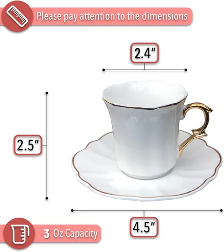 Vista 3 de Brew To A Tea Juego de 6 tazas de café turco de porcelana con platillos, color blanco con diseño de ribete dorado y caja de regalo, aptas