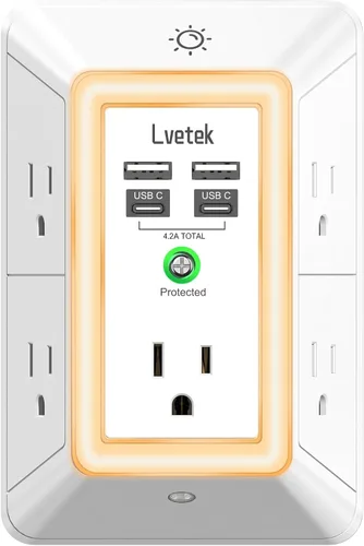 Vista 14 de Extensor de tomacorriente, protector de sobretensiones con 5 enchufes múltiples y 4 puertos USB (2 USB C), cargador de pared de regleta