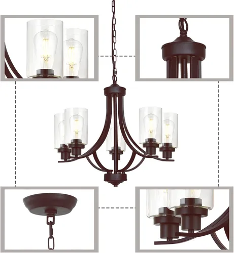 Vista 7 de MELUCEE - Candelabro de granja de 5 luces, bronce aceitado con cristal transparente
