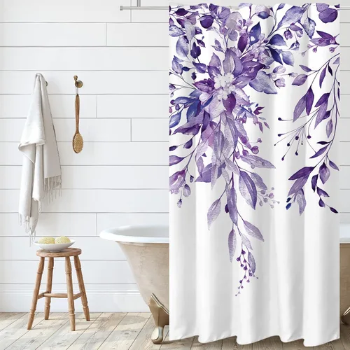 Vista 124 de Tititex - Juego de cortinas de ducha de eucalipto negro, hojas de acuarela gris en la parte superior, con decoración floral de baño, 60 x 72