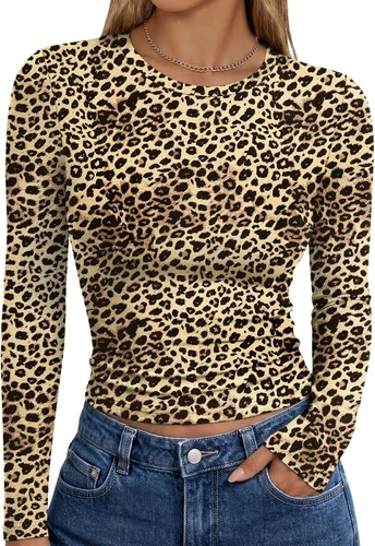 Vista 15 de Trendy Queen Camisetas de manga larga para mujer, camisetas básicas de Verde militar