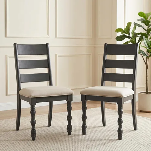 Vista 8 de Kmax Juego de 2 sillas de comedor de granja, silla de cocina rústica tapizada con respaldo de escalera, silla de madera natural con patas de columna