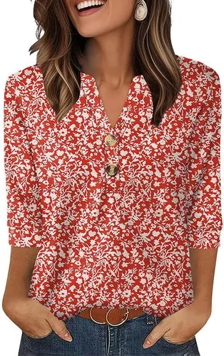 Vista 21 de OFEEFAN - Camisetas de manga 3/4 estilo Henley para mujer, blusas de moda de otoño 2025, atuendos escolares para maestras Raya