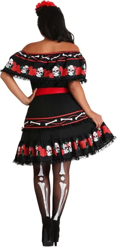 Vista 3 de Disfraz de calavera de azúcar para mujer, vestido con cinturón y tocado floral