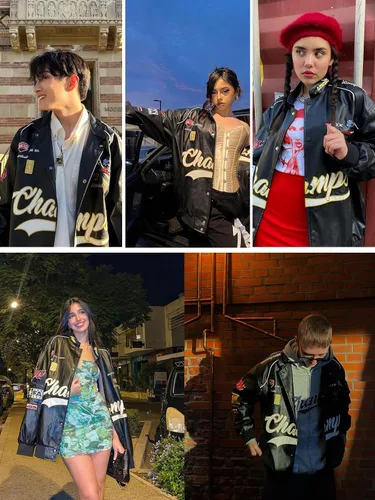 Vista 4 de Aelfric Eden Chaqueta de motocicleta para hombre, chaqueta de carreras bordada con letras Blackair, chaqueta de moto para mujer, abrigos vintage