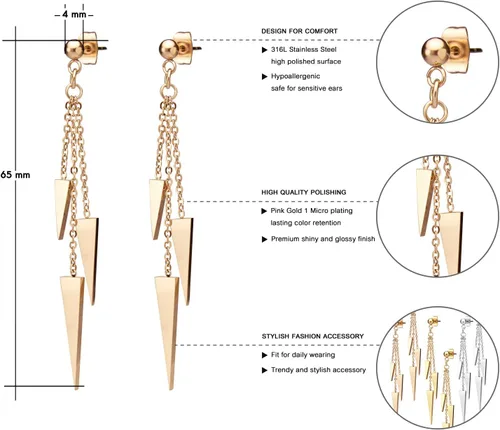 Vista 3 de 555Jewelry Aretes colgantes de acero inoxidable con triple triángulo para mujer, joyería de moda Oro Rosa
