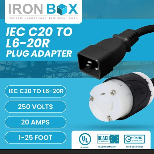 Vista 2 de IronBox Electric - Cable de alimentación de enchufe IEC C20 a L6-20R resistente - Chaqueta de 12 AWG - Clasificado para 20 amperios y 250 V - Cable
