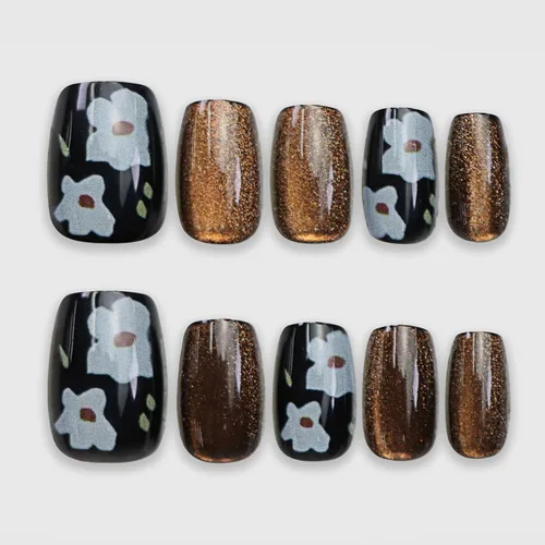 Vista 12 de Uñas Postizas Cuadradas Cortas con Diseños de Lazo 3D, Uñas Postizas de Leopardo con Punta Francesa, Uñas Adhesivas Brillantes, Uñas Acrílicas Nude
