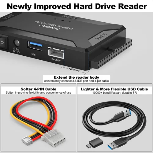 Vista 3 de FEMORO Lector de disco duro IDE SATA a USB 3.0 + adaptador USB C, kit de convertidor de recuperación de datos 3 en 1 con fuente de alimentación