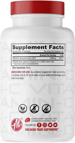 Vista 2 de Metabolic Nutrition Vitamina C, 1500 mg, grado farmacéutico puro, cápsulas de ácido ascórbico de alta absorción (90 cápsulas)