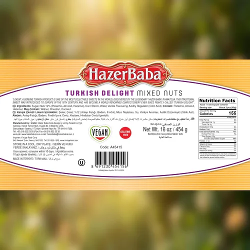 Vista 2 de Hazer Baba Delicias Turcas, Caja de bocadillos gourmet con nueces mixtas y sabor a vainilla, bocadillo tradicional vegano, Lokum turco, dulces